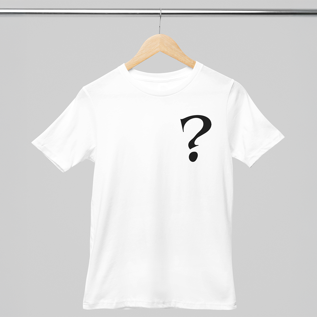 White t-shirt with a black question mark on a hanger against a gray background