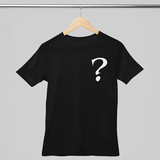 Black t-shirt with a white question mark on a hanger against a gray background
